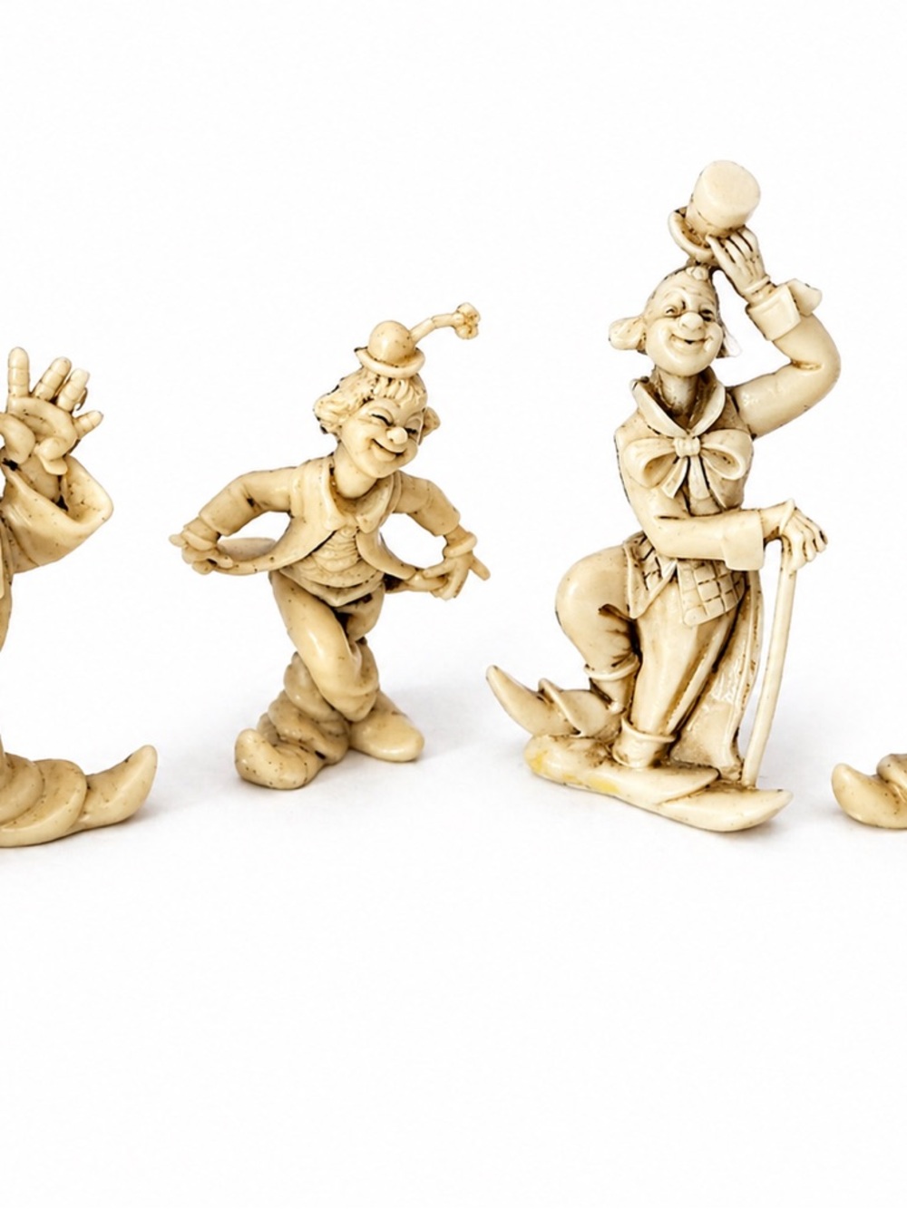 Vintage set of 4 miniature clown figurines, made in Italy-resin with ivory look